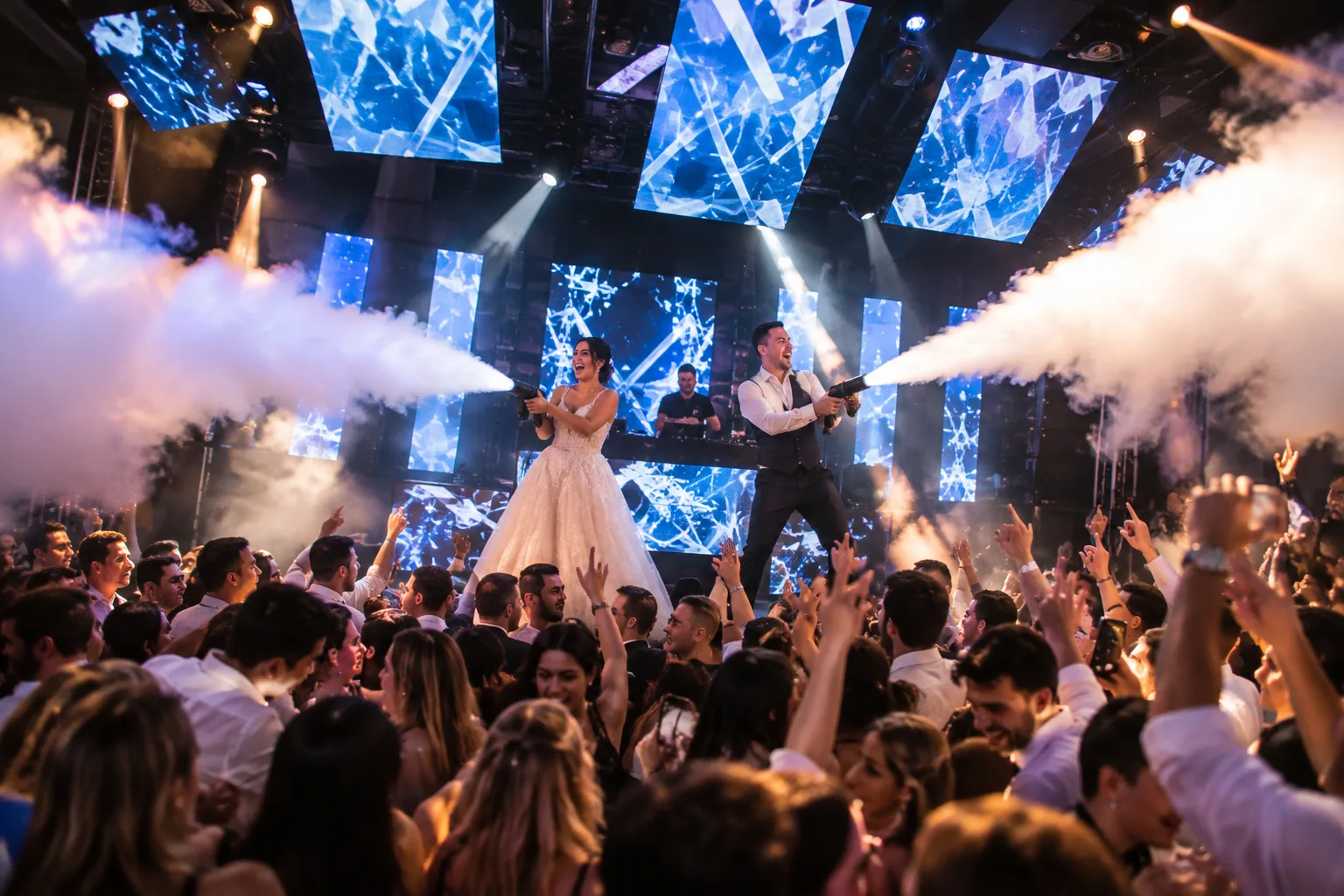Novia y músicos entre nubes de CO2 sobre una pista con invitados.