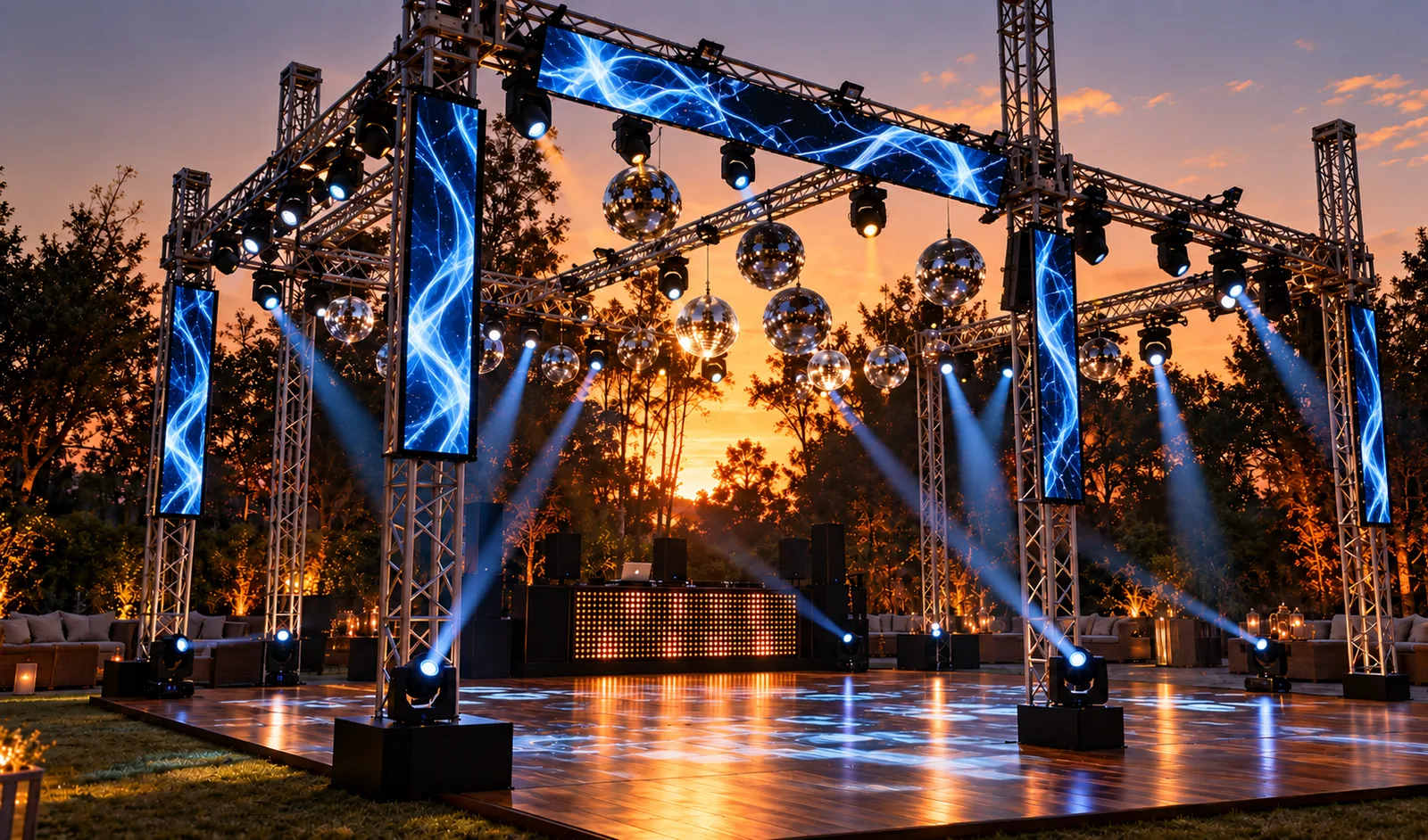 Estructura exterior con paneles verticales y luces azules al atardecer.